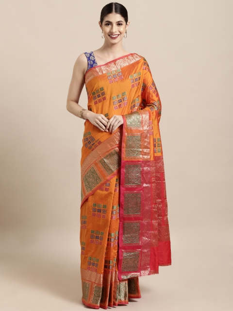 

Satrani Orange Poly Silk Woven Design Kanjeevaram Saree