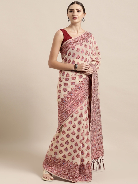 

Satrani Off-White & Maroon Silk Blend Woven Design Jamdani Saree