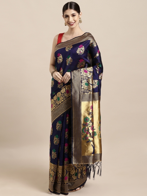 

Satrani Navy Blue Poly Silk Woven Design Banarasi Saree