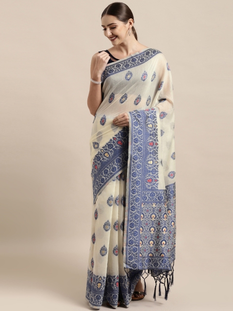 

Satrani Off-White & Blue Silk Blend Woven Design Jamdani Saree