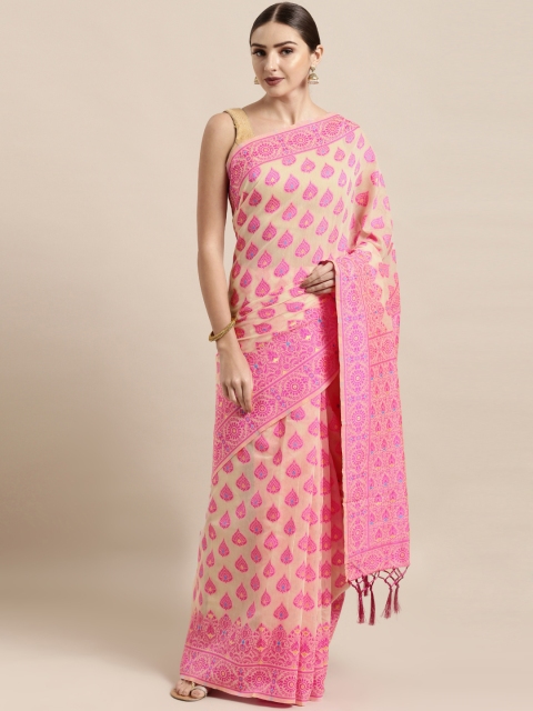

Satrani Off-White & Pink Silk Blend Woven Design Jamdani Saree