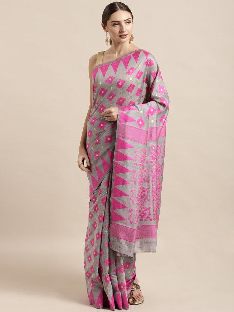 

Satrani Grey & Pink Silk Blend Woven Design Jamdani Saree