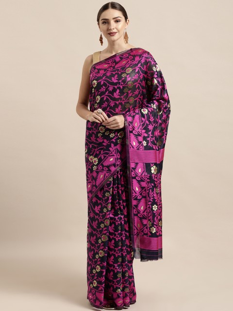 

Satrani Navy Blue & Magenta Silk Blend Woven Design Jamdani Saree