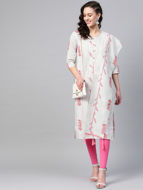 

Yuris Women Off-White & Pink Striped Straight Kurta With Stole