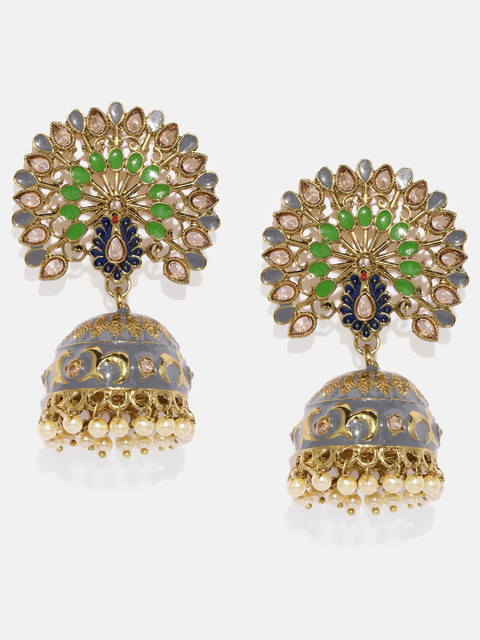 

Anouk Grey & Gold-Plated Dome Shaped Meenakari Jhumkas