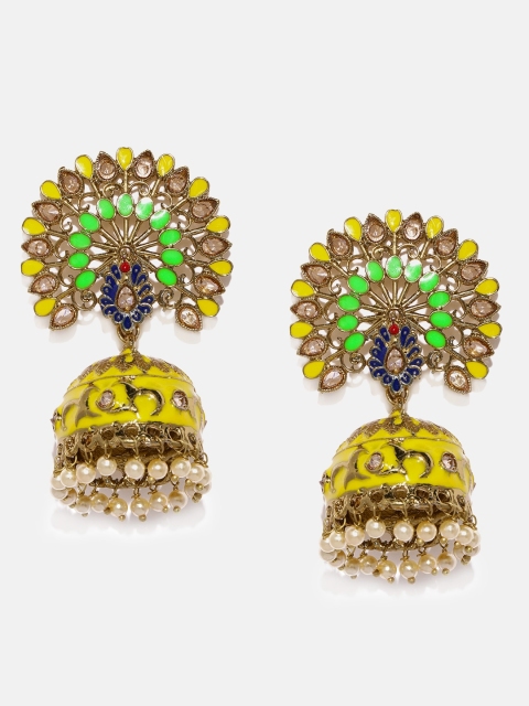 

Anouk Yellow & Green Gold-Plated Dome Shaped Meenakari Jhumkas
