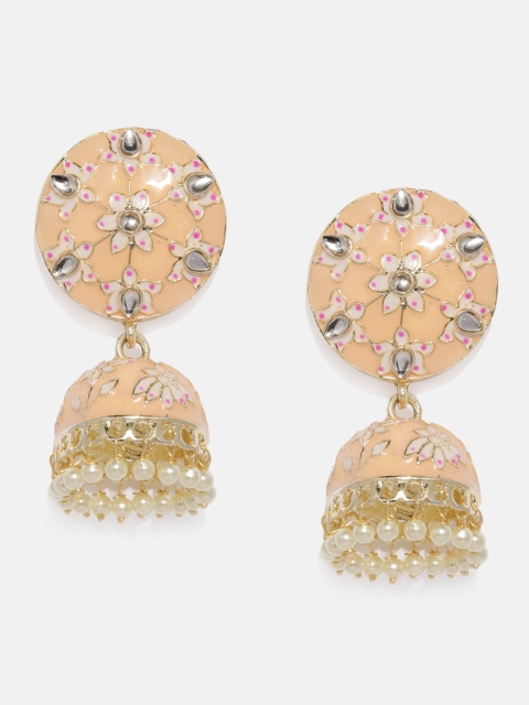 

Anouk Peach-Coloured & White Gold-Plated Dome Shaped Meenakari Jhumkas