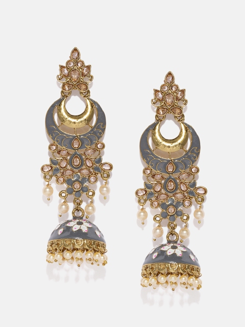 

Anouk Grey & Gold-Plated Dome Shaped Enameled Jhumkas