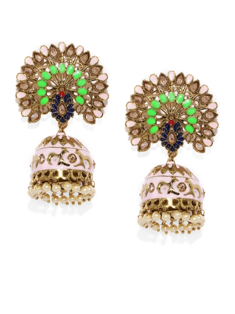 

Anouk Pink & Gold-Plated Dome Shaped Meenakari Jhumkas
