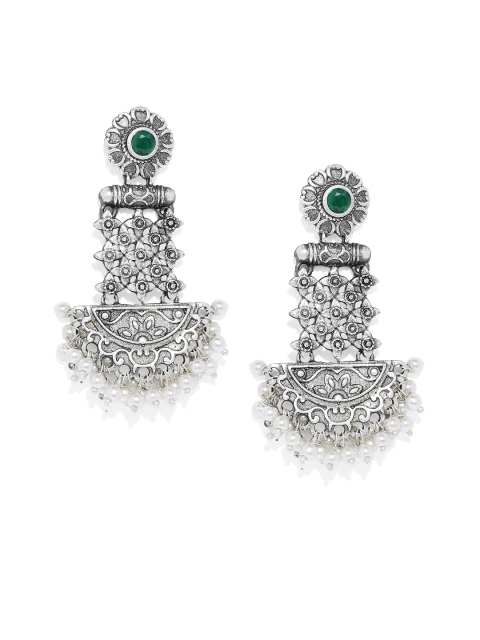 

VIDRUKARIH Silver-Toned & Green Brass-Plated Antique Classic Drop Earrings