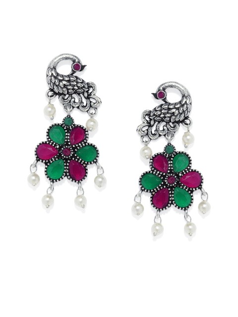 

VIDRUKARIH Silver-Toned & Pink Brass-Plated Handcrafted Peacock Shaped Drop Earrings
