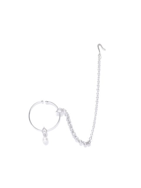 

Zobby Silver-Plated CZ Studded & Beaded Nose Ring With Chain