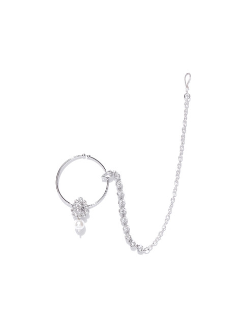 

Zobby Silver-Plated CZ Studded & Beaded Nose Ring With Chain