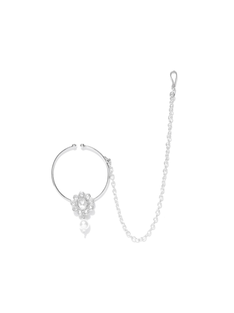 

Zobby Silver-Plated CZ Studded & Beaded Nose Ring With Chain