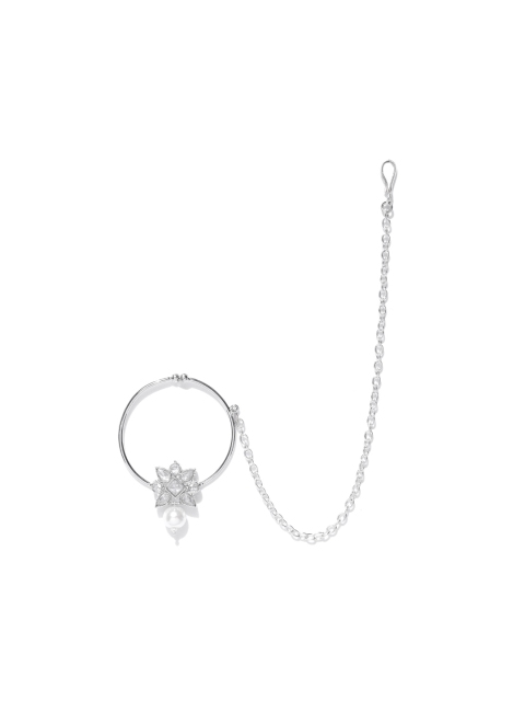 

Zobby Off-White Silver-Plated CZ Studded & Beaded Nose Ring with Chain
