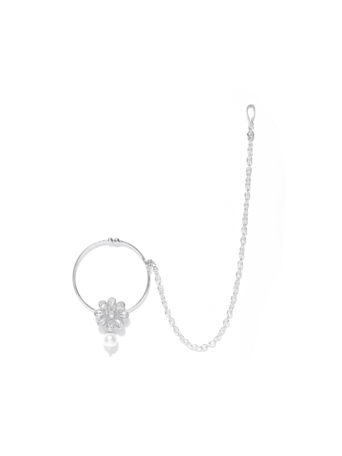 

Zobby Silver-Plated CZ Studded & Beaded Nose Ring With Chain