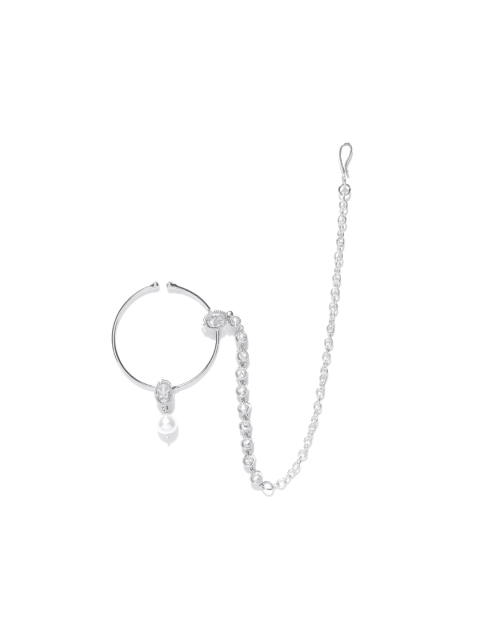 

Zobby Silver-Plated CZ Studded & Beaded Nose Ring With Chain