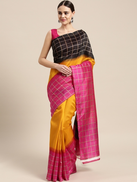 

Saree mall Mustard Yellow & Pink Solid Bhagalpuri Saree