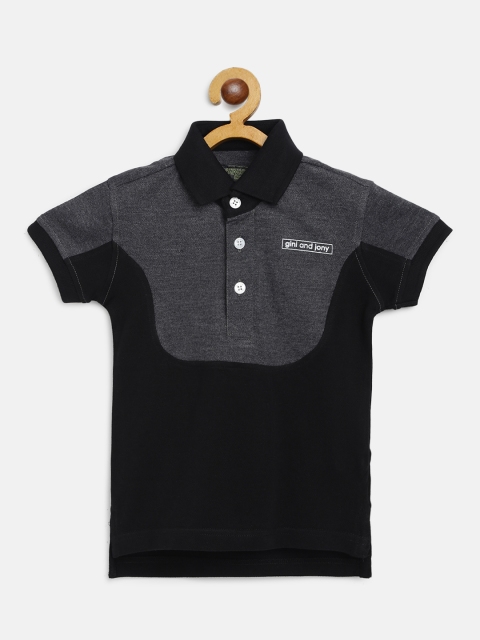 

Gini and Jony Boys Black Charcoal Grey Pure Cotton Colourblocked Polo Collar Pure Cotton T-shirt