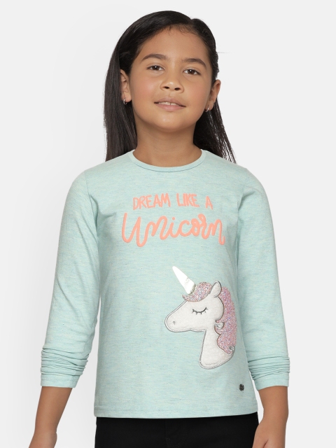 

Gini and Jony Girls Sea Green Unicorn Applique Round Neck T-shirt
