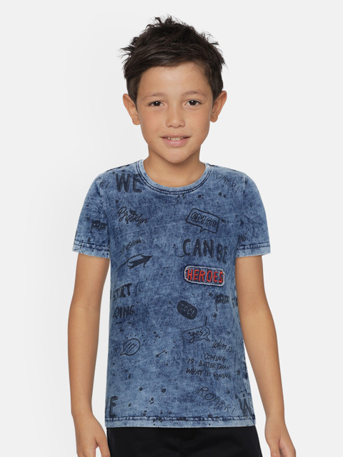 Gini and Jony Boys Blue Pure Cotton Typography Print Pure Cotton T-shirt with Washed Effect All-Over