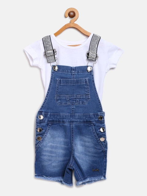 

Gini and Jony Girls Blue & White Solid T-shirt with Denim Dungarees