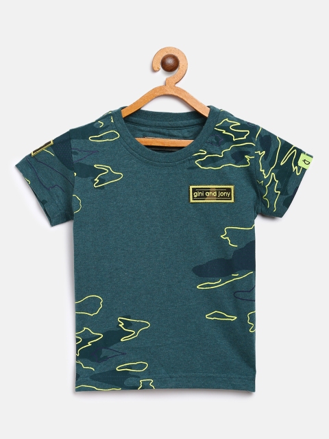 

Gini and Jony Boys Green Printed Round Neck Pure Cotton T-shirt