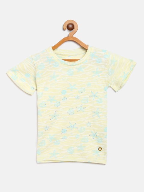 

Gini and Jony Girls Yellow Blue Printed Round Neck Pure Cotton T-shirt