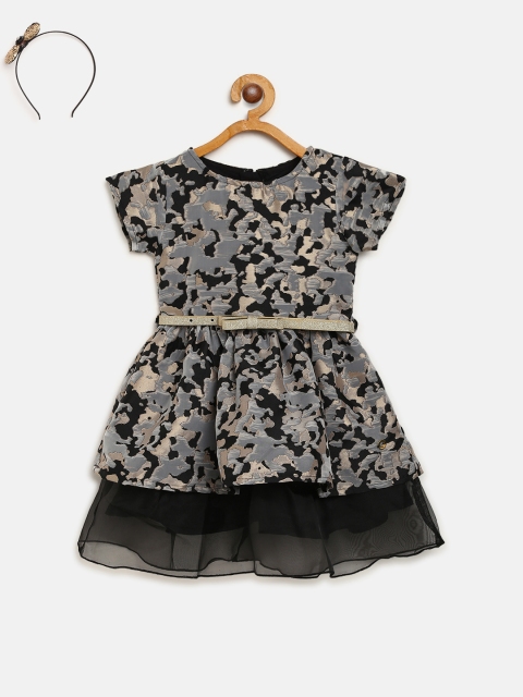 

Gini and Jony Girls Grey & Black Self-Design Fit & Flare Dress