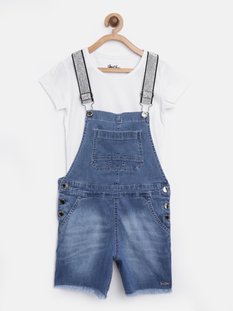 

Gini and Jony Girls White & Blue Solid T-shirt with Dungarees
