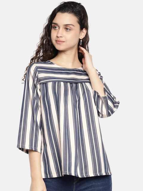 

AND Women Off-White & Navy Blue Striped Top With Gathered Detail