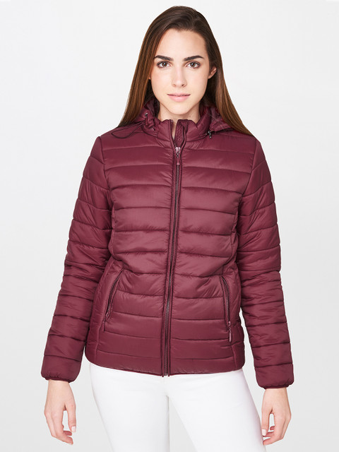 

AND Women Maroon Solid Puffer Jacket With Detachable Hood