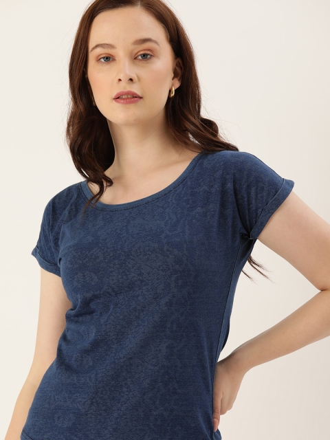 

Lee Cooper Women Navy Blue Melange Solid Round Neck Pure Cotton T-shirt