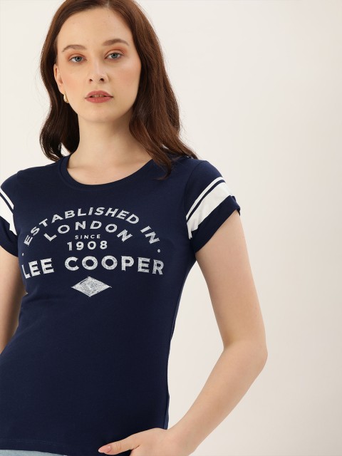 

Lee Cooper Women Navy Blue Printed Round Neck Pure Cotton T-shirt