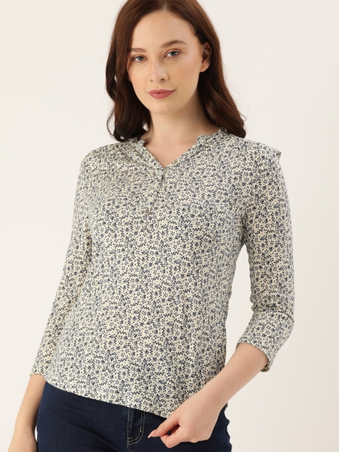 

Lee Cooper Women Off-White & Navy Blue Ditsy Floral Printed Top