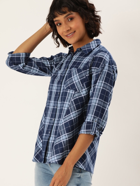 

Lee Cooper Women Navy Blue & White Regular Fit Checked Casual Shirt