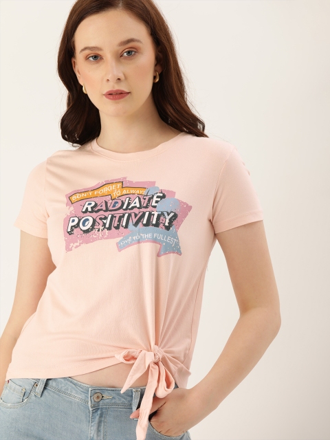 

Lee Cooper Women Pink Printed Round Neck Wait Tie-Up T-shirt