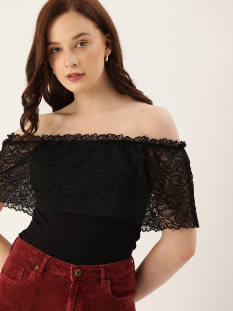 

Lee Cooper Women Black Solid Bardot Top With Lace Inserts