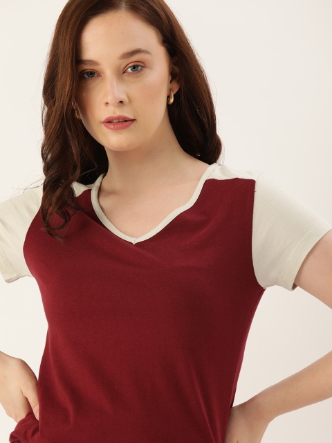 

Lee Cooper Women Maroon Solid V-Neck T-shirt with Contrast Sleeves