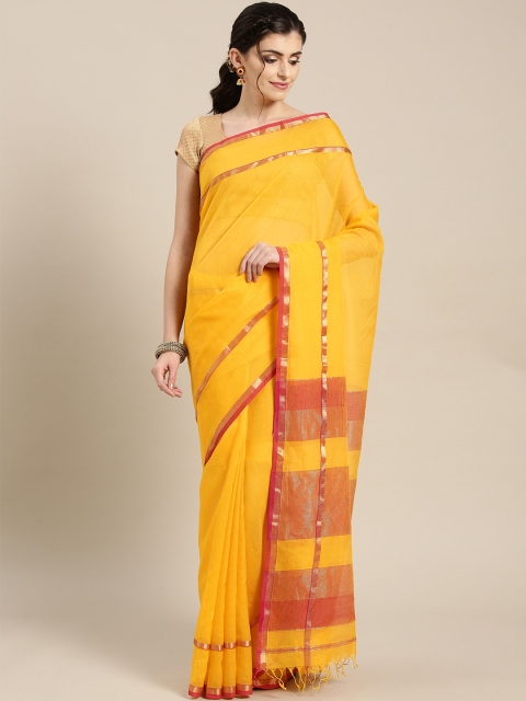 

lal10 Yellow & Maroon Solid Handloom Maheshwari Saree