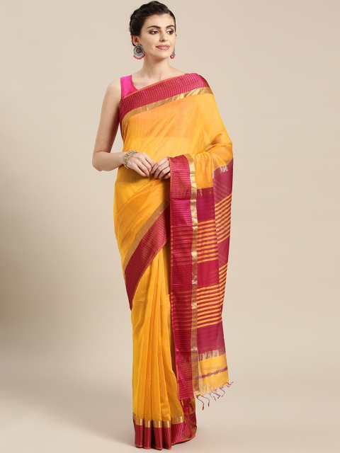 

lal10 Mustard Yellow & Pink Handloom Solid Maheshwari Saree