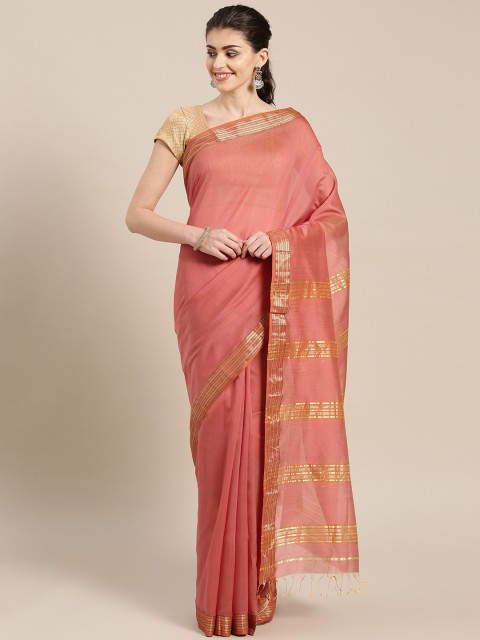 

lal10 Pink & Golden Solid Handloom Maheshwari Saree