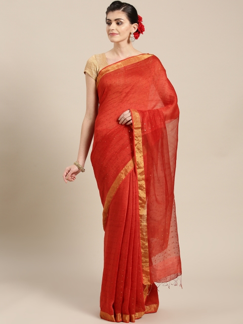 

lal10 Coral Red & Golden Handwoven Chanderi Saree