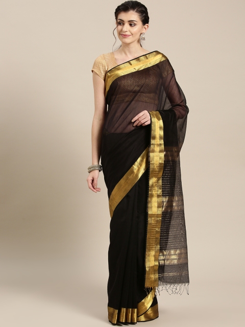 

lal10 Black & Golden Solid Handloom Maheshwari Saree