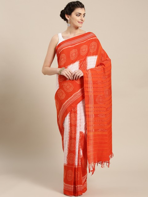 

lal10 Orange & White Printed Handwoven Sambalpuri Saree
