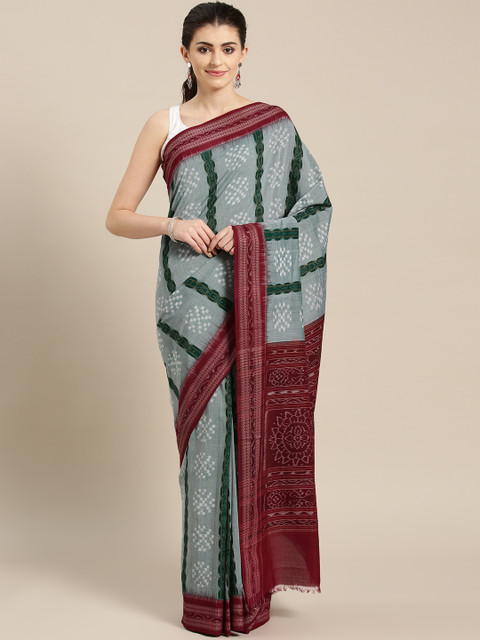 

lal10 Green & Maroon Printed Handwoven Sambalpuri Saree