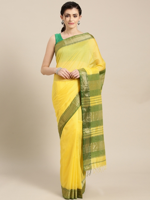 

lal10 Yellow & Green Solid Handloom Maheshwari Saree