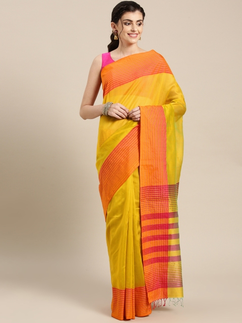 

lal10 Lime Green & Orange Solid Handloom Maheshwari Saree