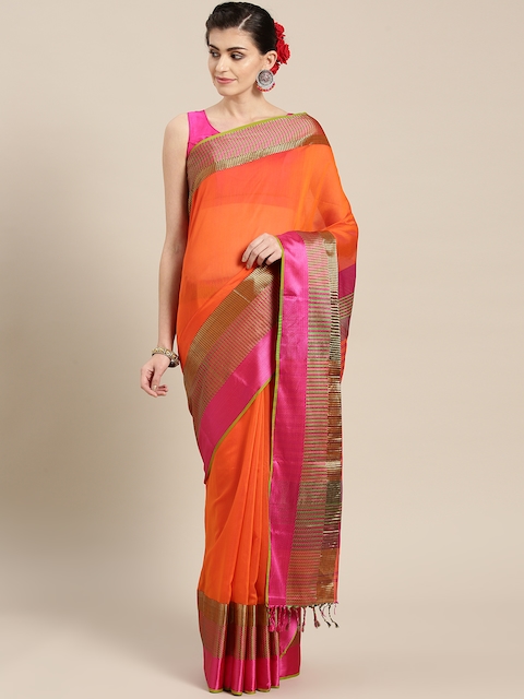 

lal10 Orange & Pink Handloom Solid Maheshwari Saree