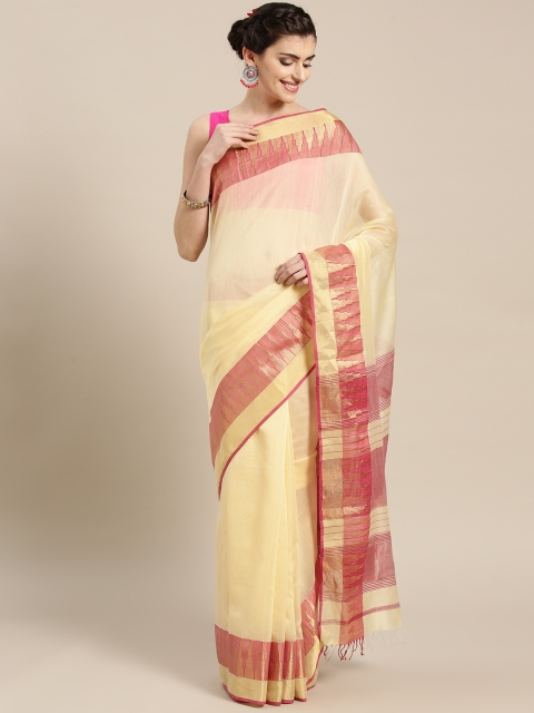 

lal10 Cream-Coloured & Pink Handloom Solid Maheshwari Saree